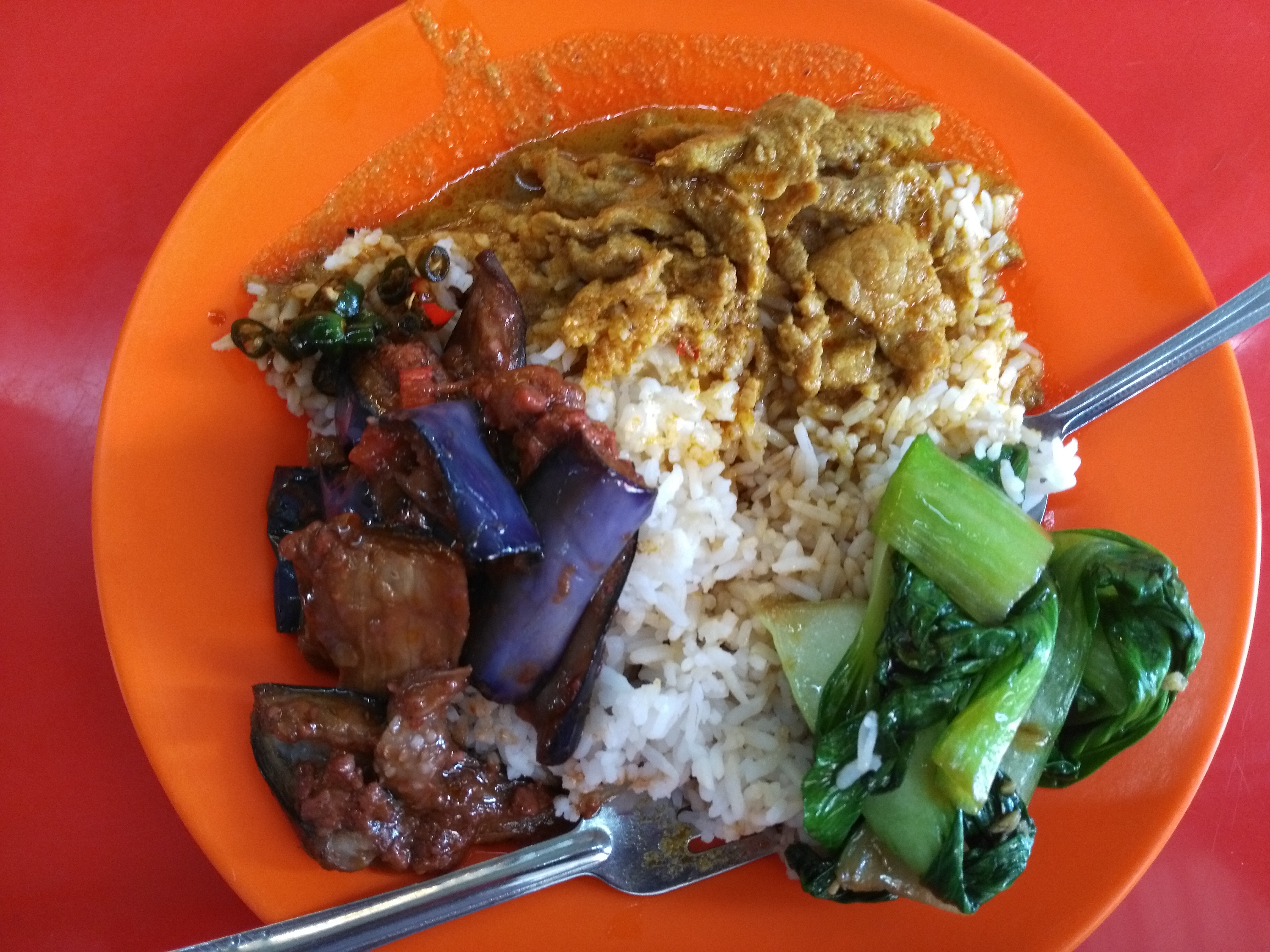 Eggplant, bok choy, and chicken curry in Chinatown, Kuala Lumpur.