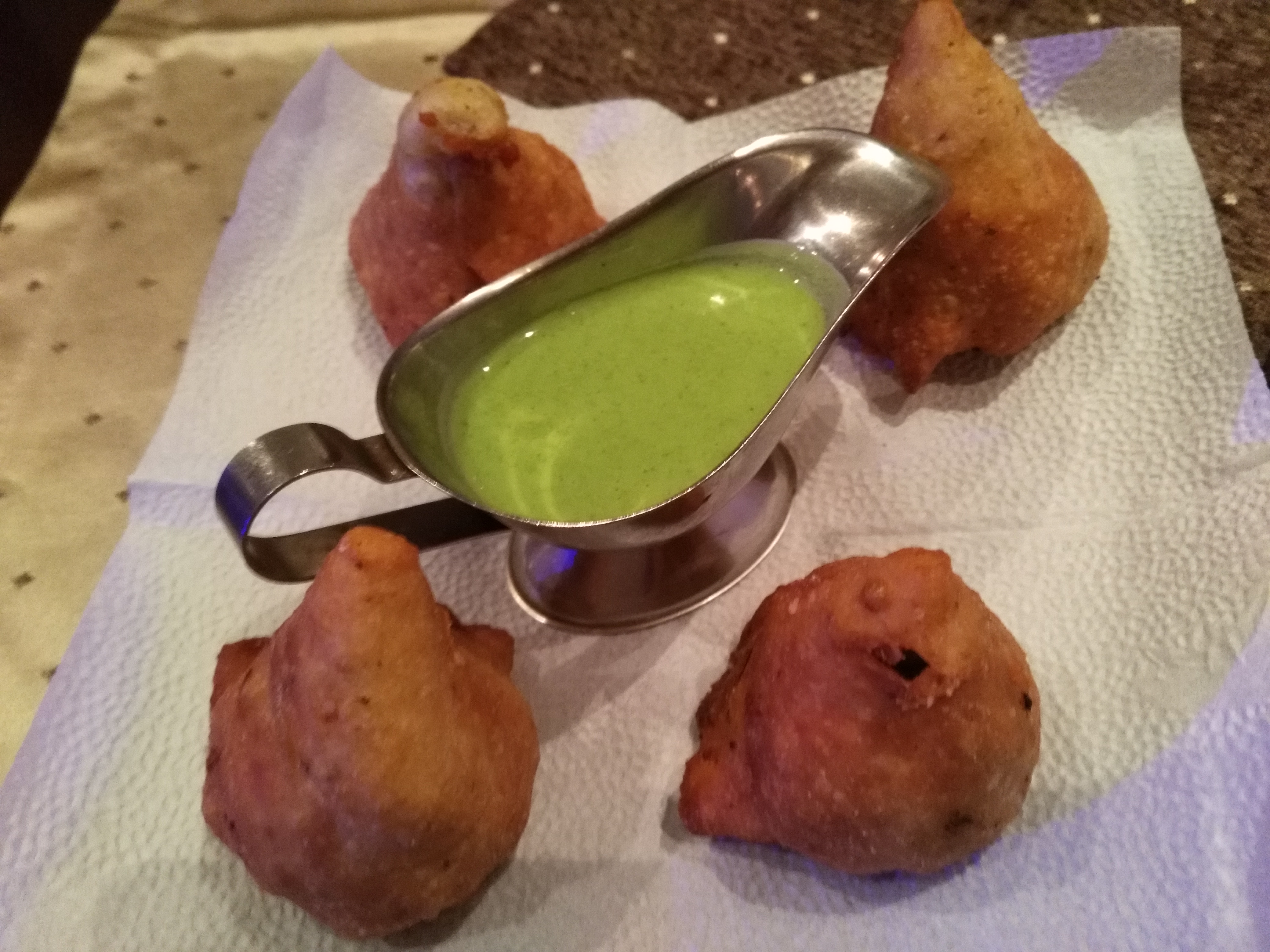 Samosas at the Indian restaurant with a creamy, green dip that tasted curiously like bananas.