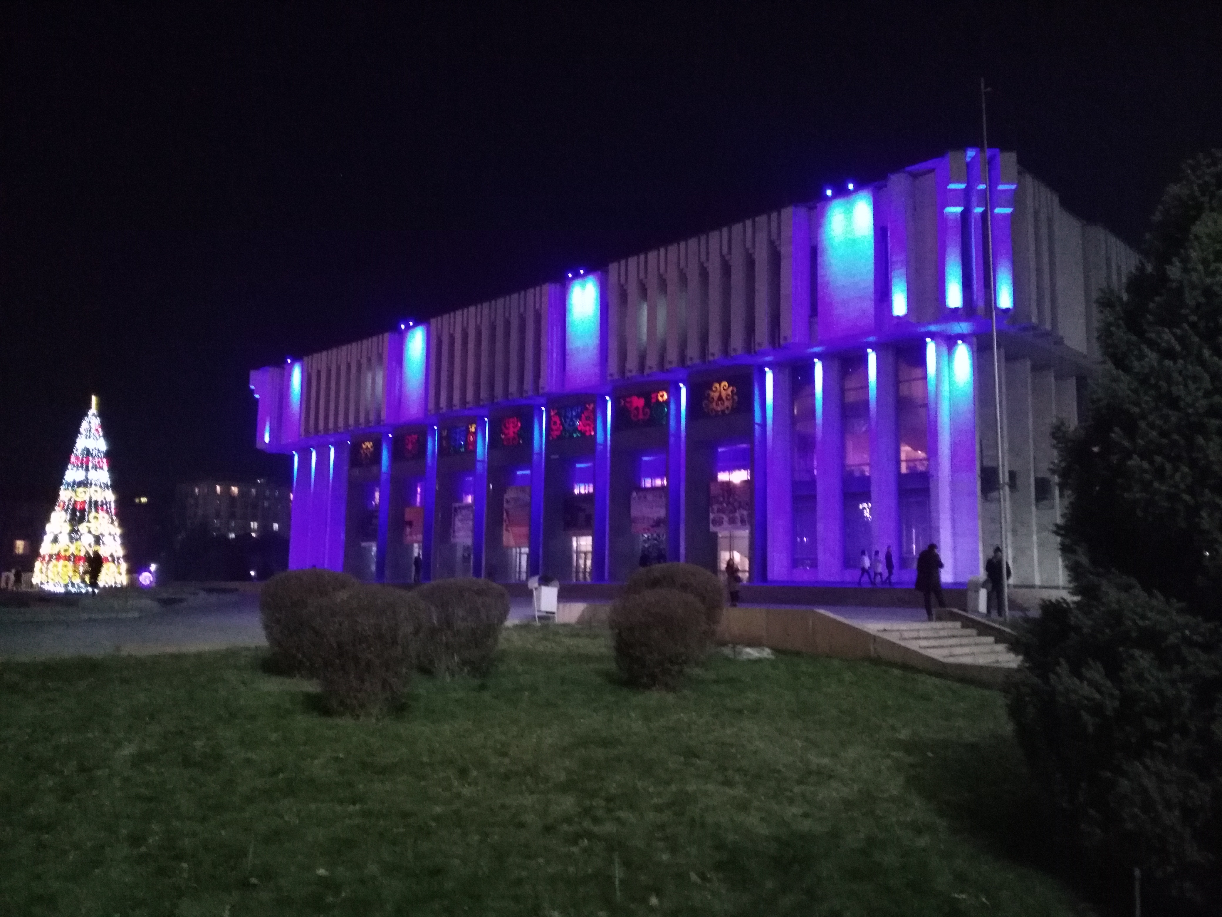 The Kyrgyz National Philharmonic illuminated by lights in anticipation of New Years.